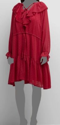 $415 Whitney Morgan Women's Red Ruffle-Trim Dot Chiffon Midi Dress Plus Size 1X