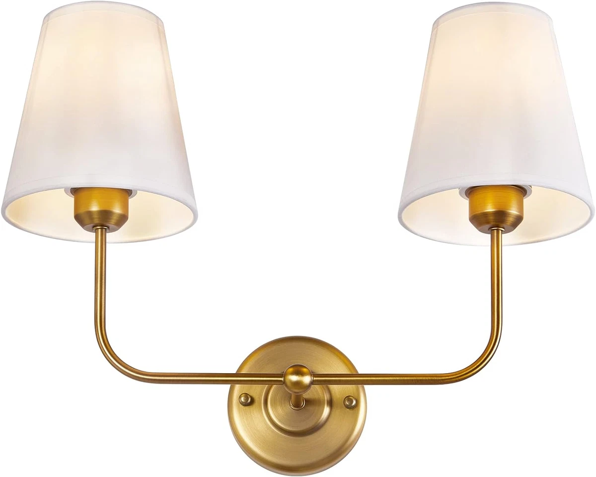 Double Light Wall Sconce with White Fabric Tapered Shades 2 Light