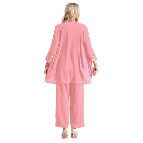Womens 3 Piece Chiffon Pant Suits Tank Top Cardigan and Pants Evening Outfits - Picture 16 of 95