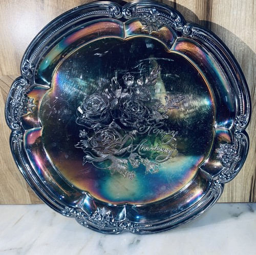 Vintage Silverplate Happy Anniversary Engraved Decorative Platter - Picture 4 of 6