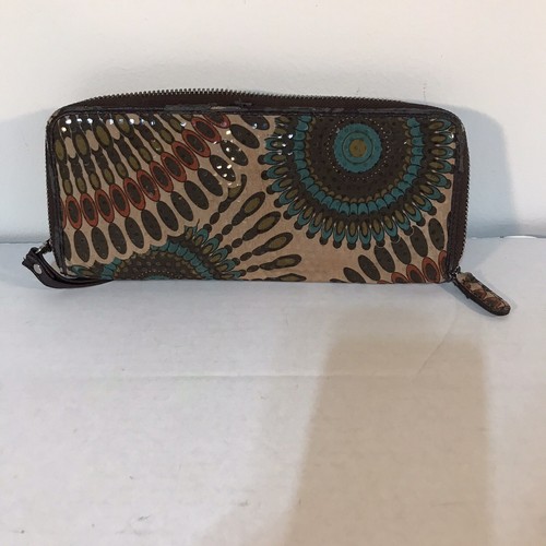 Shimmering Teal/Orange/Cream/Grn Peacock Feathers Zip Around Wristlet Sequins - Picture 2 of 4