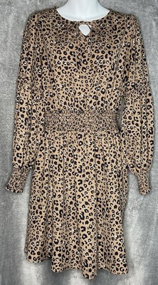 Betsey s Boutique Shop Leopard Print Womens Small Brown Black Dress Boho Smocked