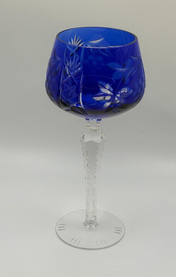 Blue Cut Glass Wine Glass Goblet, Clear Stem, Blue & Clear Glass