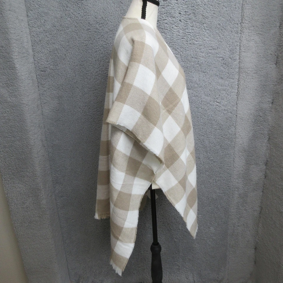 LOFT Buffalo Plaid Ruana Wrap Poncho Women XS/S Beige White Fringe Cozycore Fall - Image 3 of 4