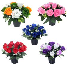 Memorial Grave Cemetery Pots Artificial Flowers Rosebuds With Gyp