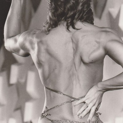 Muscular Bikini Performer Flexing Strong Back In Fierce Stage Pose Vintage Photo