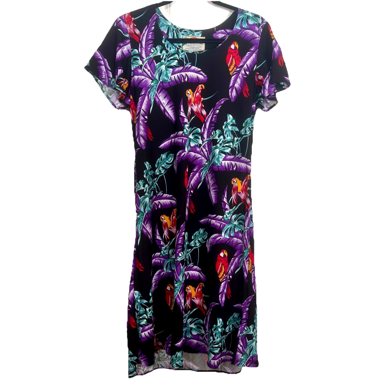Vtg 90s Paradise Found Hawaiian Dress MIDI Womens Sz L Beachy Purple Tropical