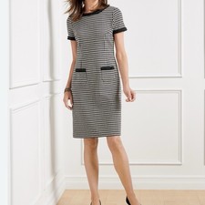 Talbots Houndstooth Shift Dress Size 8 Black White Fringed Short Sleeve Tweed M