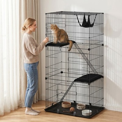 PawHut 3-stufiger großer Katzenkäfig Indoor, abnehmbarer Zwinger aus Metalldraht mit Hängematte