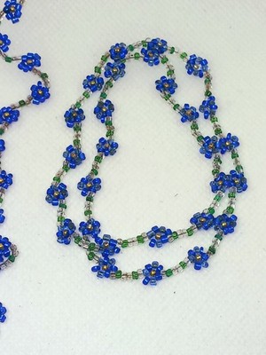 Boho Style Seed Bead Blue Floral Necklace & Bracelet Set