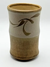 Signed Studio Pottery Tumbler Cup Vase Brown Tan Glaze Hand Thrown Stoneware