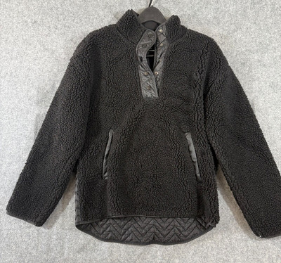 Athleta Jacket Womens M Black Cozy Sherpa Fleece Snap Front Pullover Mock Neck