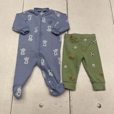 Pekkle Sleeper Pants Outfit Set Baby Boys 6M Blue Green Sports Bears 2 Piece