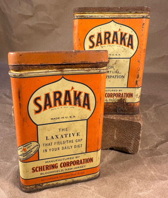 Pair of Vintage Orange Schering Corp Saraka Constipation Laxative 10oz Tins