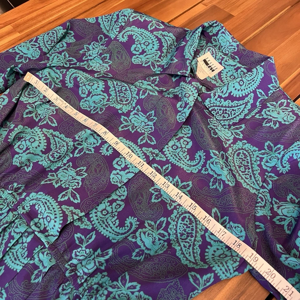 Vestido vintage anos 80 Leslie Fay secretária/escritório tamanho 6 pequeno azul-petróleo paisley plissado midi - Imagem 4 de 4