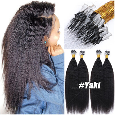 200PCS Kinky Straight YAKI Micro links Loop Ring Tip Human Hair Extension Bonded