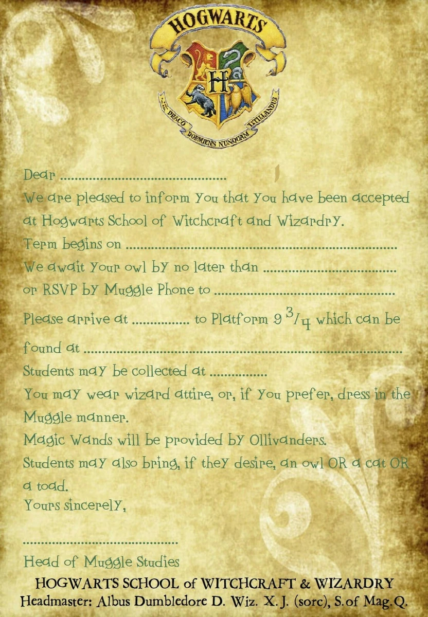 Harry Potter Hogwarts Birthday Party Invitations x 10 c/w Envelopes 