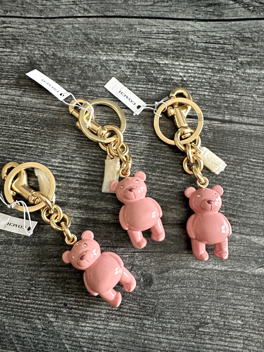 NWT Coach pink Teddy Bear Bag Charm Keychain Key Fob Gold Pink