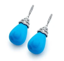  STERLING SILVER DESIGNER PEAR TEAR DROP EARRINGS LAB CREATED TURQUOISE/ DIAMOND