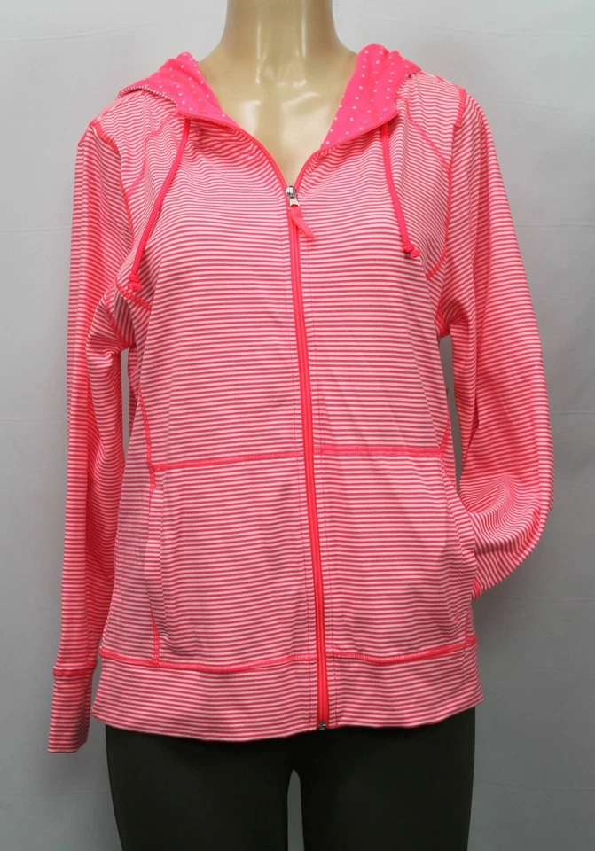 Suéter para mujer Made For Life con capucha cremallera completa a rayas manga larga coral talla PL Foto 3 de 4