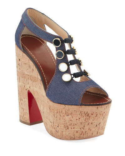 100% AUTH NEW WOMEN LOUBOUTIN ORDONANETTE 160 DENIM PLATFORM WEDGE SANDALS US 9
