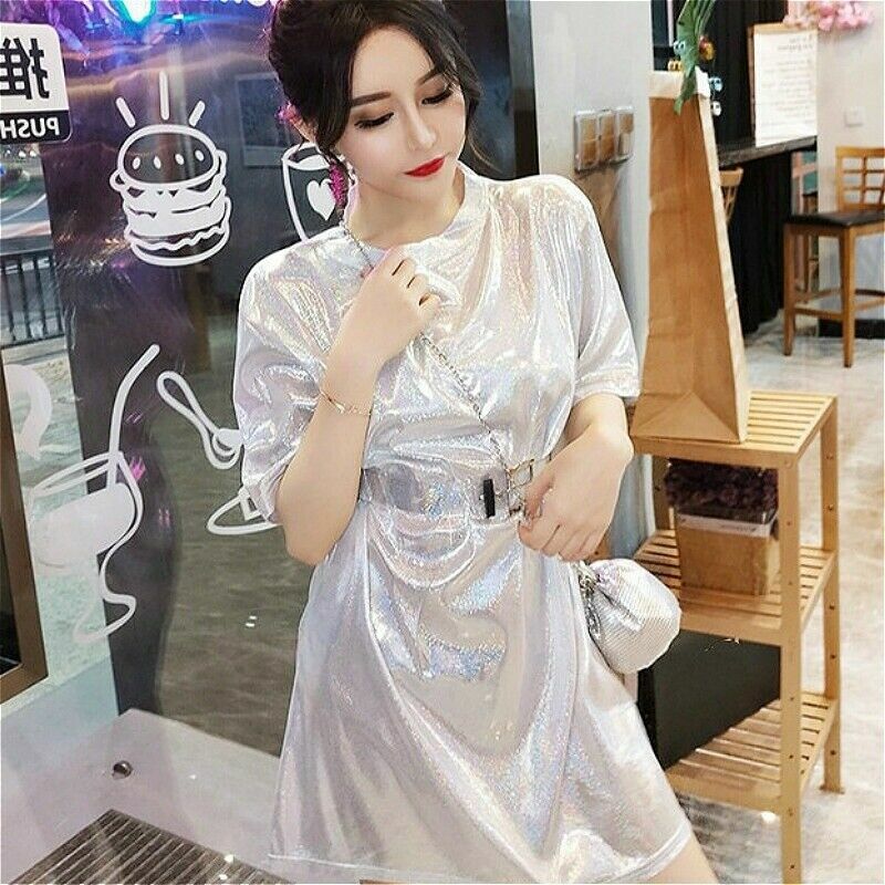 Women Sparkle Glitter Tshirt Dress Top Bling Laser Harajuku Club with Belt Chic eBay