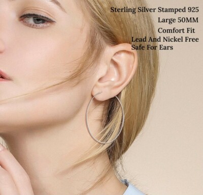 Large 50MM Sterling Silver 925 Endless Hoop Earrings Lead And Nickel Free