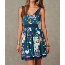 Free People Floral Sleeveless Fairy Garden Mini Dress Lace Detail Teal Size 2