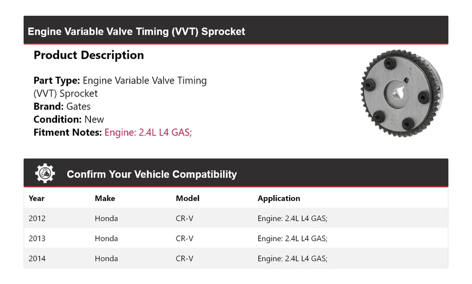 Para Honda CR-V 2012-2014 2,4 L L L4 motor de gasolina VVT puertas de piñón 2013 Foto 2 de 4