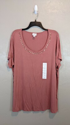 NWOT Jaclyn Smith Womans Plus Size 2X Blush Pink Scoop Neck Bejeweled T-Shirt