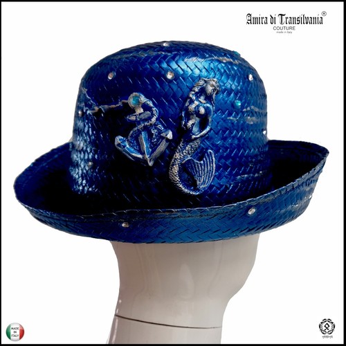 Cappello Donna Estivo Marinaio Paglia Dipinto Accessori Moda Lusso Sirena Strass - Picture 2 of 24