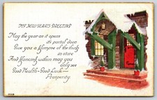 New Years Greeting~Winter House Porch Doorway Scene~Made In USA~Vintage Postcard