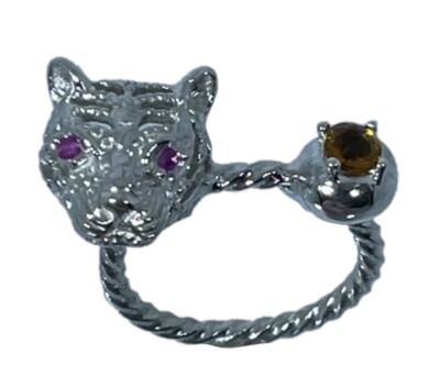 14k Citrine & Ruby Tiger Head Ring, White, Yellow, Rose G, Free Sizing, US