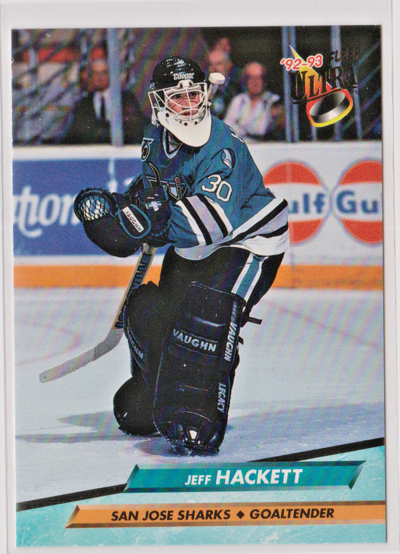 Jeff Hackett San Jose Sharks Goaltender 1992-93 Ultra Card # 195 Near Mint +