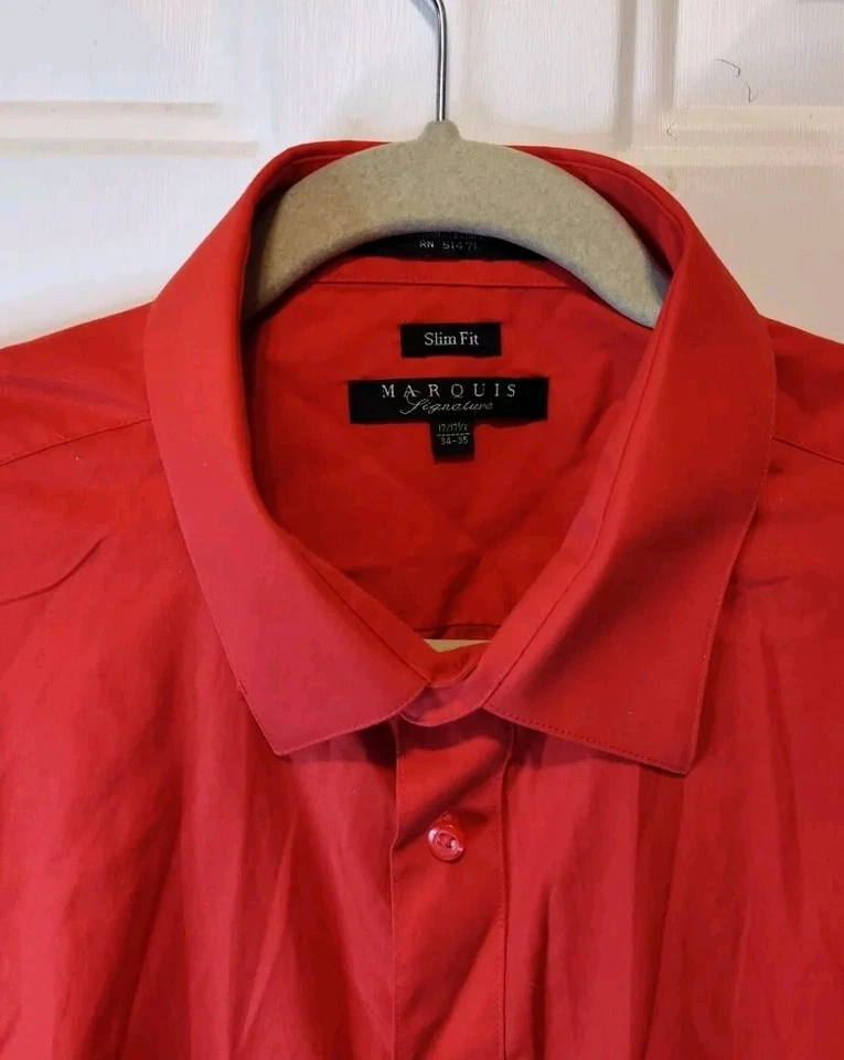 Camisa de vestir Marquis Signature para hombre 17x34 roja con botones delanteros manga larga algodón Foto 4 de 4