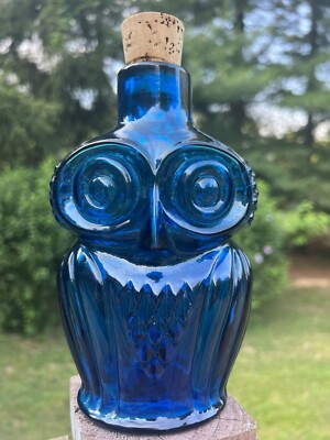 Blue Owl Rainbow Glass Co Hand Blown Art Decanter Bottle Corked Vintage MCM 