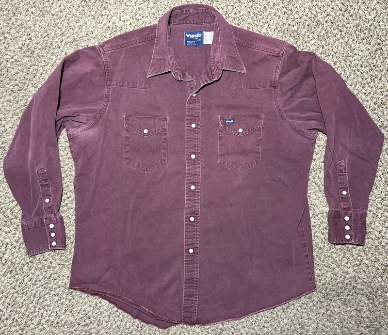Vintage WRANGLER Regular Fit Western Pearl Snap 90s Faded Maroon Cowboy Shirt 18