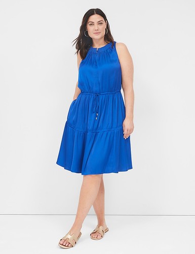Lane Bryant Satin Smocked Halter Dress Tie Waist Size 24 3X Sleeveless Blue NWT
