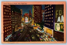 1951 New York City NY Postcard Times Square Night Birds Eye View Buildings Cars