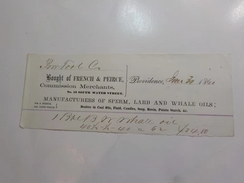 Antique Document 1860 Whale Oils Sperm Lard French & Peirce Billhead Animal VTG