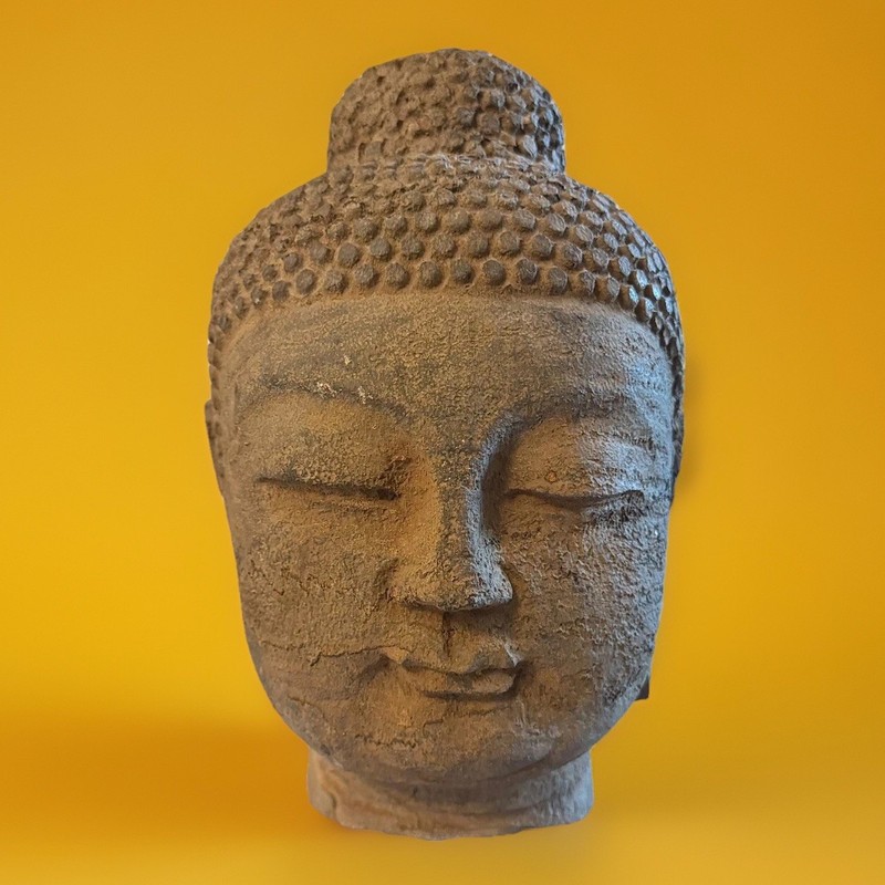 Antique 14” Sandstone Buddha/Head on Stand Bust Sculpture Vintage Art Home Decor