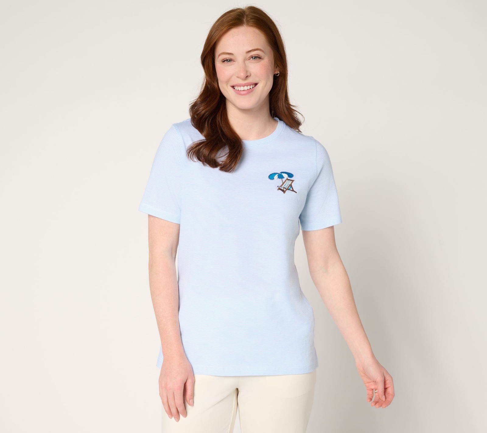 Denim & Co. Women's Top Sz L Yarn-Dye Cotton Jersey Short-Sleeve White A685466