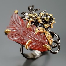 Carving 24 ct Natural Strawberry Quartz Ring 925 Sterling Silver Size 8 /R438713