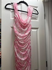 Ruched, bodycon, white and pink maxi dress with flowers and butterflies