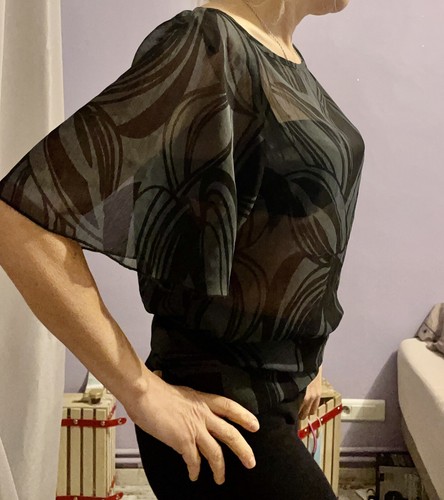 Haut Satin Transparent Morgan - Taille 36 - Beige Avec Perles Et Boutons - Occasion Parfait état