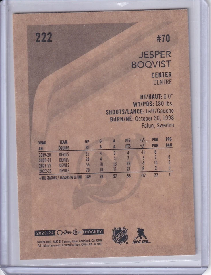 Jesper Boqvist, New Jersey Devils 2023-24 O Pee Chee retro #222 - Image 2 of 2