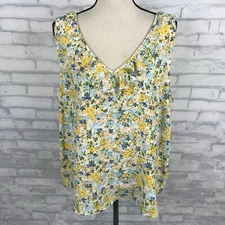 LC Lauren Conrad Women Floral Blouse Top XL Ruffled Sleeveless Flowy Blue/Yellow
