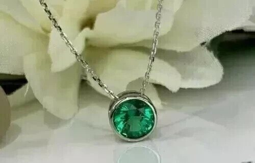 1Ct Round Lab Created Emerald Bezel Set Solitaire Pendant 14k White Gold Plated - Picture 1 of 5