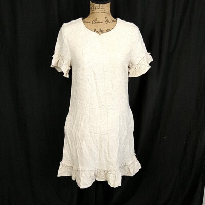 Very J Womens sz S Dress Ivory Short Sleeve Ruffle Trim Keyhole