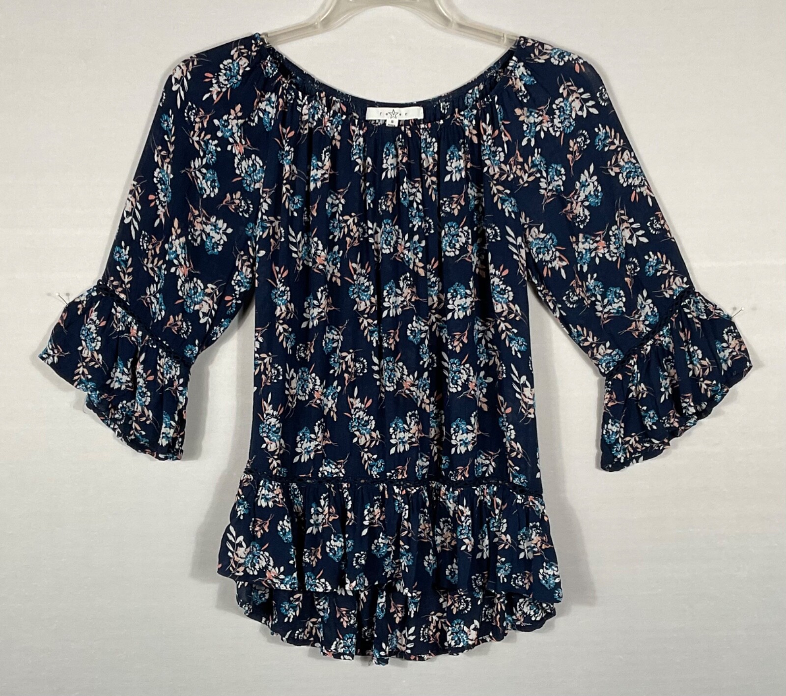 Fever Blouse Womens Small Blue Floral Ruffle Pullover 3/4 Sleeves Boho Peasant
